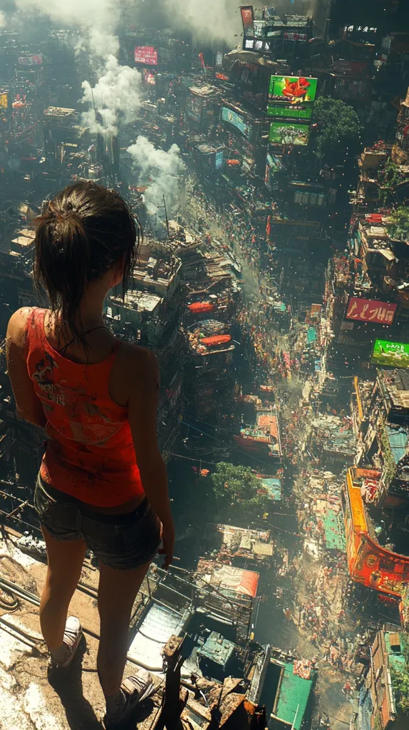 A young woman in a red tank top and denim shorts stands on a rooftop overlooking a crowded, densely packed cityscape. The scene is chaotic, with buildings stacked on top of each other and filled with signs and advertisements. The woman stares down at the bustling street below, her expression unreadable. Smoke rises from the city, suggesting a sense of unease or danger. The image captures the feeling of being overwhelmed and lost in a vast and complex environment.