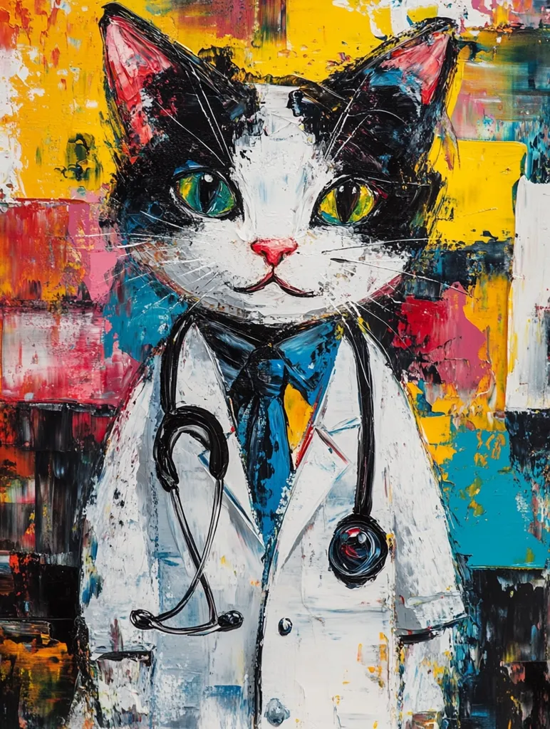 A black and white cat is depicted in a painting. The cat is wearing a white doctor's coat with a blue tie and a stethoscope. The background of the painting is a colorful abstract design. The cat's face is painted with a serious expression, as if it is focused on its work. The artist used thick brushstrokes and bold colors to create a vibrant and playful image.  The painting is a humorous and whimsical take on the profession of a doctor.