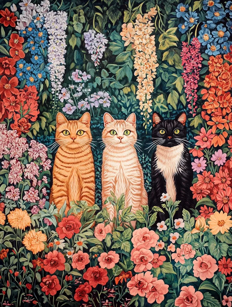 Three cats, an orange tabby, a white cat, and a black and white cat, are seated in a lush garden. The scene is bursting with vibrant flowers in pink, red, white, and yellow. The cats have alert expressions, staring out at the viewer from their floral setting. The painting features intricate details and captures the beauty of nature and feline grace.