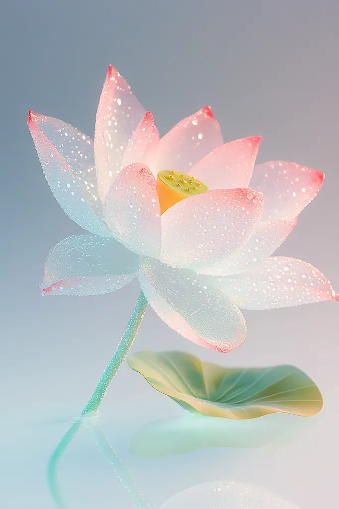 A delicate pink lotus flower with a yellow center blooms on a thin green stem, glistening with dewdrops. The petals are translucent and soft, giving the flower a dreamy quality.  A single, rounded leaf floats in the water below, reflecting the pale blue of the background. The image captures the tranquility and beauty of nature.