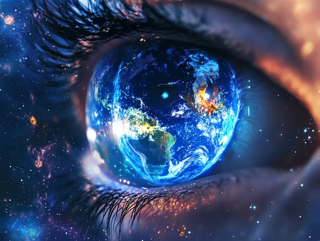 The image depicts a close-up of an eye, with the pupil replaced by a vibrant blue planet Earth. The eye is surrounded by a dark, starry background, suggestive of outer space. The image is stylized and surreal, creating a sense of wonder and cosmic connection. The composition evokes a feeling of interconnectedness between humanity and the universe.