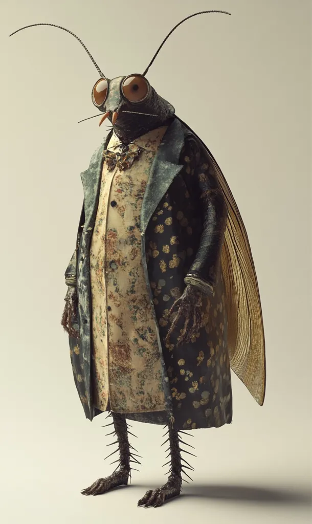 The image depicts a humanoid insect wearing a long, patterned coat. The insect has large, round eyes, long antennae, and spiky legs. It is standing against a white background, and its wings are folded behind it. The insect appears to be dressed in an elegant and sophisticated manner, suggesting a whimsical and fantastical interpretation of insects in human clothing.