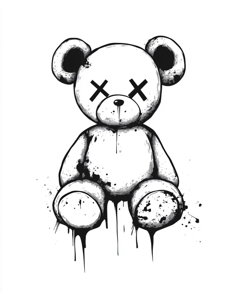 The image is a black and white sketch of a teddy bear. The bear has large, round eyes with X marks over them, a small, pointed nose, and a dripping mouth. The bear is sitting with its legs outstretched, and its body is covered in black splatters. The image has a dark and unsettling feel.  The dripping paint, the X's over the eyes, and the splattered body all create a sense of destruction and decay. The image is likely meant to be symbolic of something that has been lost or destroyed.
