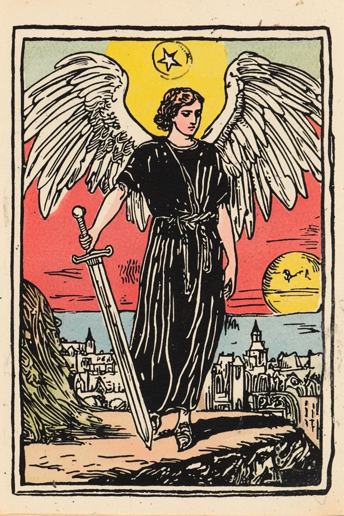 A winged angel stands against a colorful sunset backdrop, holding a sword in their right hand. The angel is dressed in a black robe with a white sash and has long, dark hair. Their wings are white and spread out behind them. There is a yellow sun in the background and a small town in the foreground. The image is drawn in a stylized, almost cartoonish way, with bold outlines and flat colors.