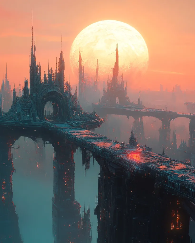 The image depicts a futuristic cityscape, with towering structures made of metal and glass. The buildings are connected by walkways and bridges, suspended over a vast, hazy expanse. A large, glowing moon hangs in the sky, casting a warm, ethereal light on the scene. The overall tone is one of wonder and mystery.