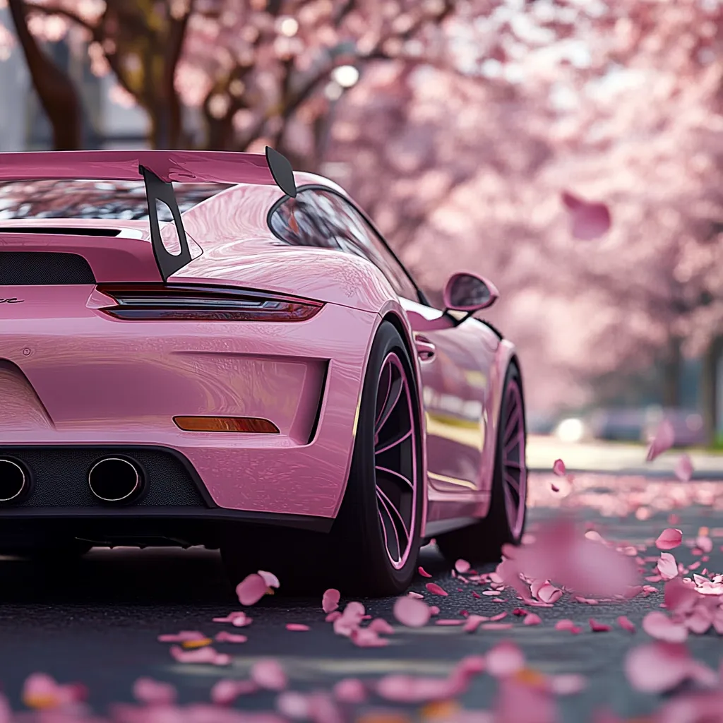 A bright pink sports car with black rims and a black rear wing is parked on a road covered in pink petals. The car is facing away from the camera, and the image focuses on the rear of the car and the petal-strewn ground. A pink cherry blossom tree is in the background, out of focus, and the scene is bathed in warm light. The image evokes a sense of elegance and beauty.