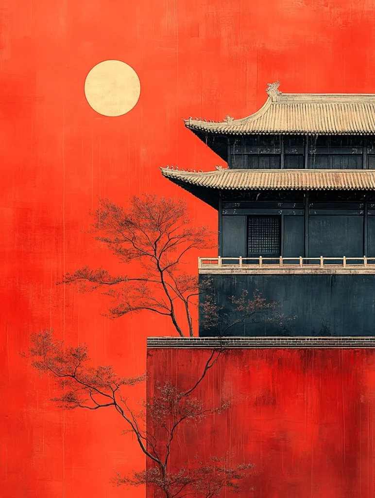 A traditional Chinese building with a layered roof sits atop a red wall against a bright red sky. A single, white moon hangs in the sky. The building is a dark gray and brown color, and has a small balcony. There are trees on either side of the building, with their branches reaching towards the sky. The image is stylized and has a dreamlike quality.
