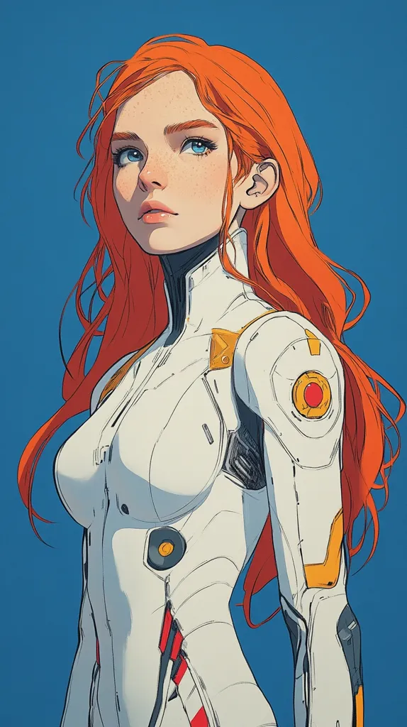 The image is a digital illustration of a young woman with long, flowing red hair. She is wearing a white suit with yellow and red accents, and she appears to be a futuristic character from a video game or anime. The woman is looking off to the side, and her expression is serious and determined. The background is a solid blue color, which helps to emphasize the woman's vibrant hair and outfit. The artwork is very detailed and realistic, with a focus on the woman's features and clothing.
