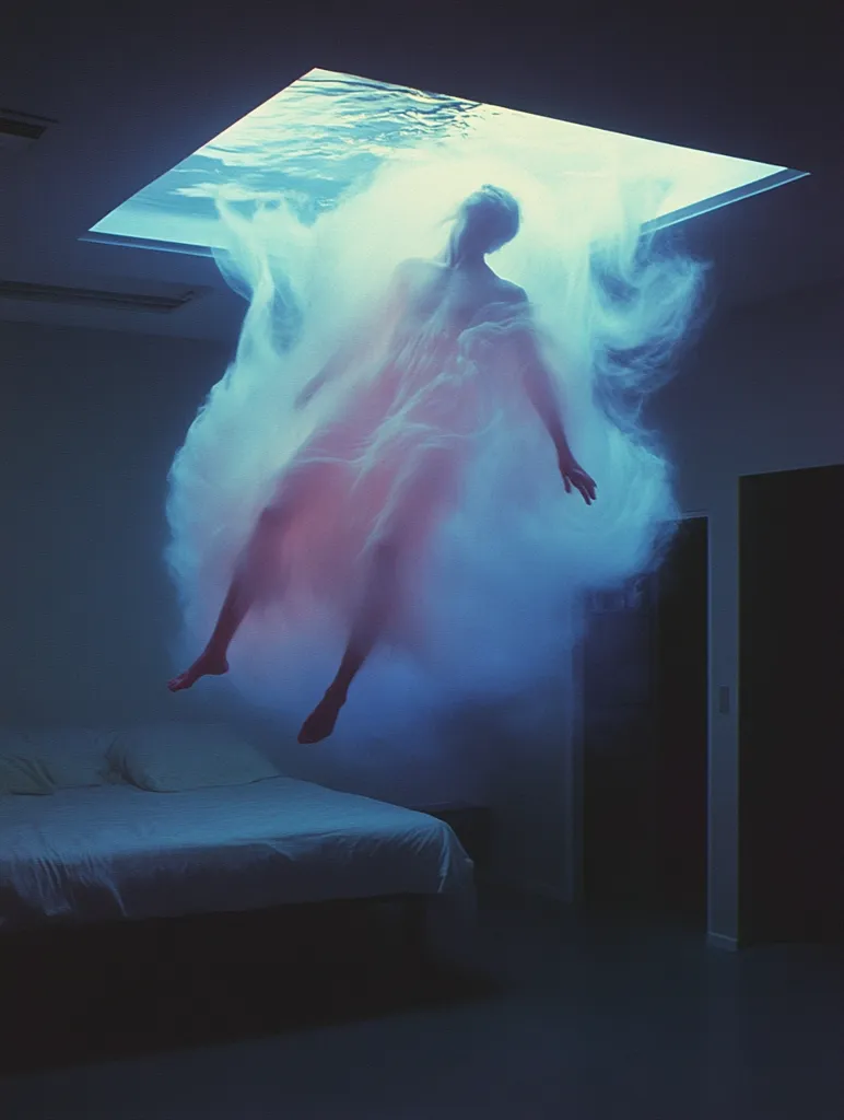 The image shows a woman's silhouette floating in a cloud of mist emanating from a square opening in the ceiling. The opening reveals a body of water. She appears to be falling through the air, her arms outstretched and her body contorted. The room below is dimly lit and contains a bed with white linens. The image creates a sense of mystery and otherworldliness.
