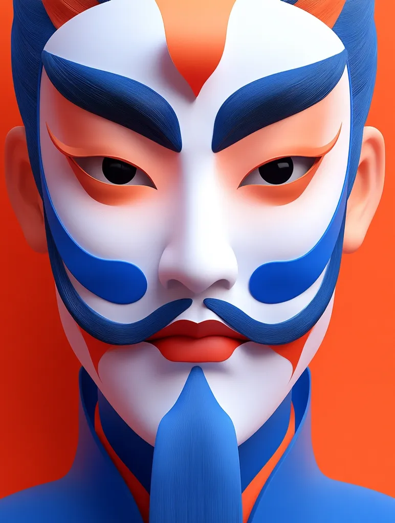 A close-up of a person's face with bold, stylized makeup. The face is painted white with blue and orange accents. The eyebrows are thick and dark, the eyes are wide and black, and the lips are painted a vibrant red. The person has a mustache and a goatee, both painted a deep blue. The background is a vibrant orange. The image has a dramatic and theatrical quality.
