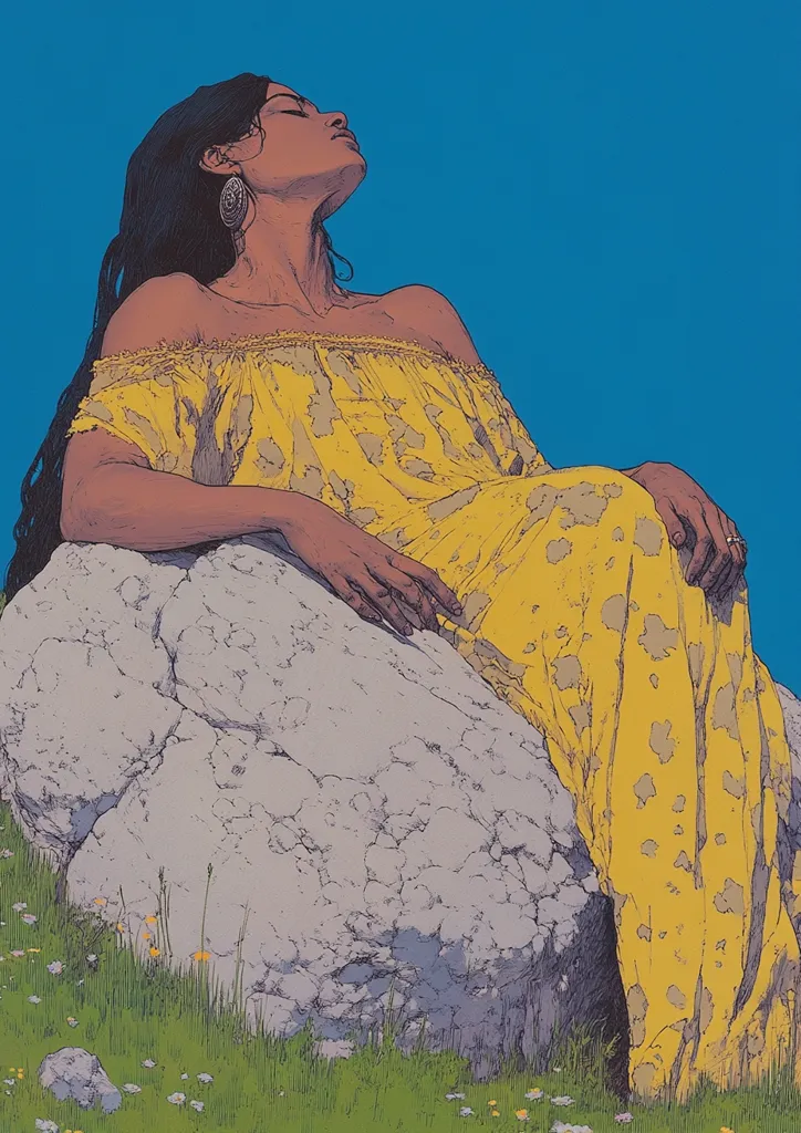 A woman with long black hair and a yellow floral dress sits on a large rock.  She is leaning back with her eyes closed, seemingly relaxed. The background is a clear blue sky. The image is stylized, with a focus on the woman and her surroundings.  Small wildflowers grow at the base of the rock.