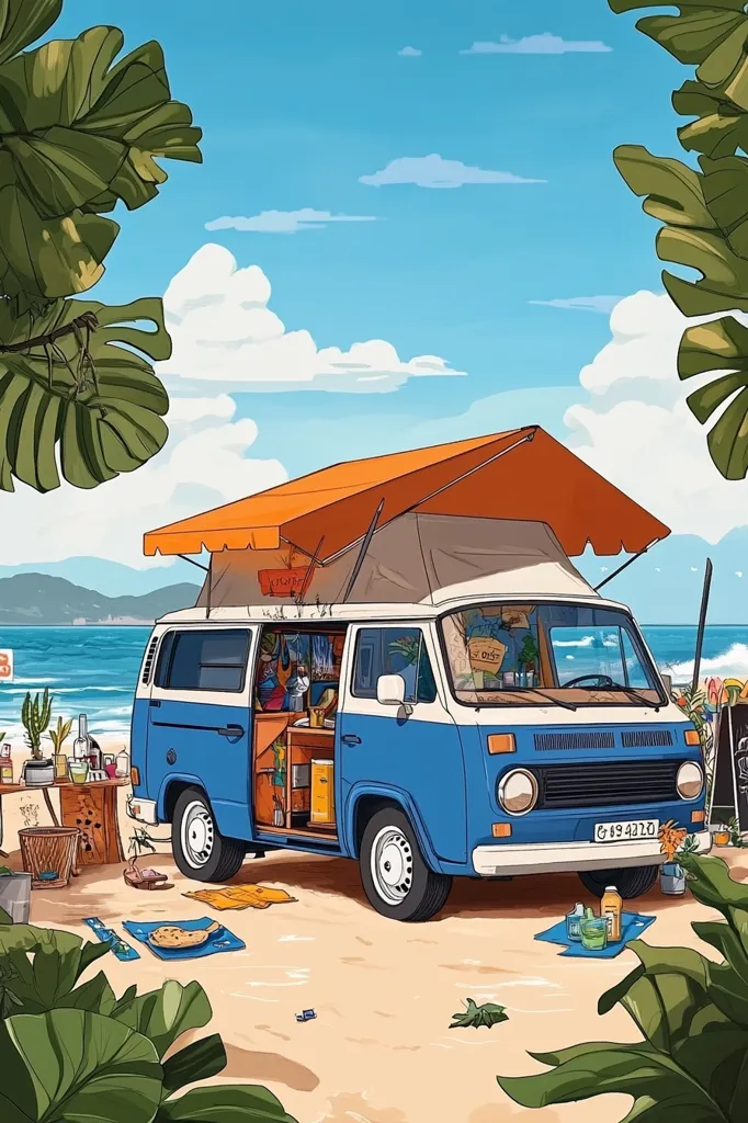 A blue and white van with an orange awning is parked on a beach. The van has its doors open, revealing a well-stocked bar inside. The van is parked on a sandy beach with a clear blue sky and white clouds above. Green palm leaves frame the scene on the left and right sides.  A small table with drinks is set up next to the van, and there are several items on the sand, including a blanket, a basket, and a bag.  The scene looks like a perfect summer day at the beach.