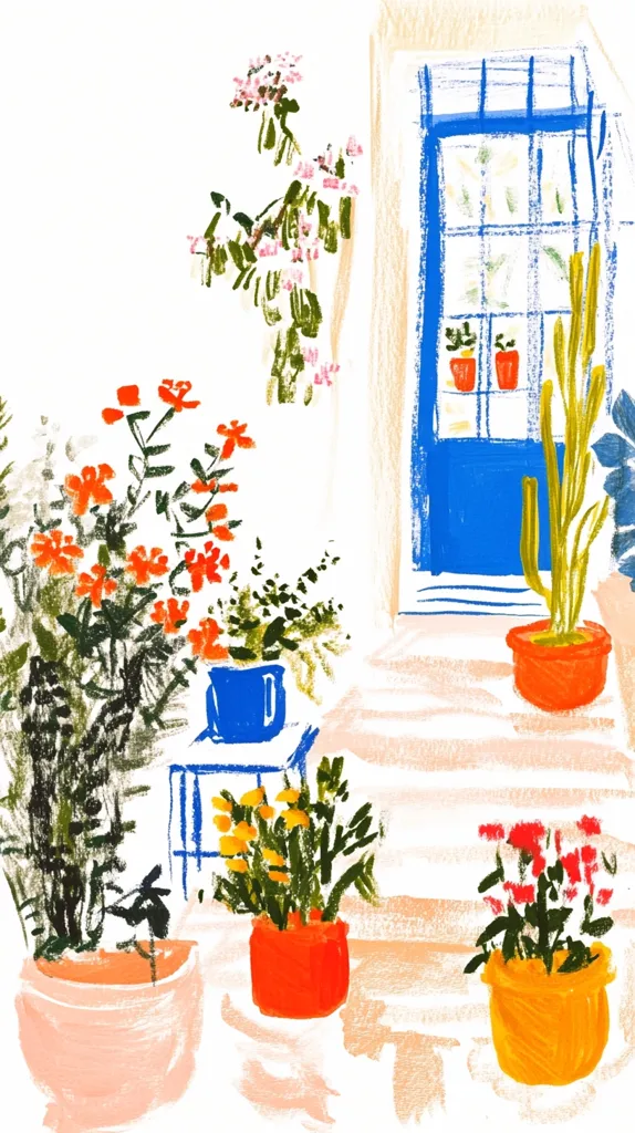 The image depicts a colorful, whimsical scene of a doorway with potted plants. The door is a bright blue with white panes, and the surrounding walls are a soft beige. Several plants with vibrant orange, pink, and yellow flowers are arranged on the steps, some in blue, orange, and yellow pots. The image is created with loose, painterly strokes, giving it a carefree and charming aesthetic.