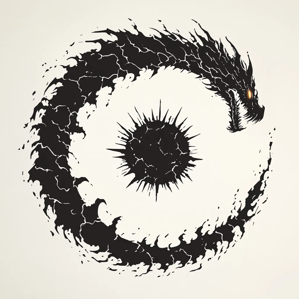 The image depicts a stylized black dragon, its form resembling a swirling vortex. The dragon's head, with sharp teeth and glowing eyes, faces the right side of the image. Its body forms a circular shape, with a textured black circle at its center, resembling a swirling eye. The whole design is rendered in a dark, somewhat menacing style, with a gritty texture.  The background is a plain light gray.  The image suggests a mythical creature of power and darkness.