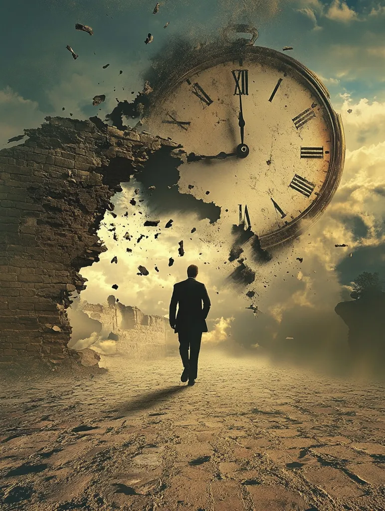 A large clock face, seemingly exploding, has shattered a stone wall, leaving a man in a suit walking away from the debris into a hazy, desolate landscape. The clock face is the focus of the image, with the man appearing as a silhouette against the background of the crumbling wall. The image suggests the passing of time and the inevitability of change.