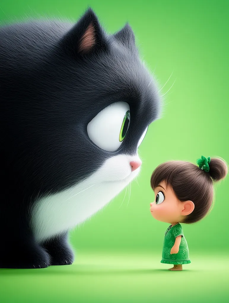 A large, black and white cat with fluffy fur stands looking down at a small girl in a green dress. The girl is looking up at the cat with a curious expression. The background is a bright green. The image is a cute and whimsical portrayal of a cat and a girl.  The cat appears to be much larger than the girl, emphasizing the contrast in size between the two.