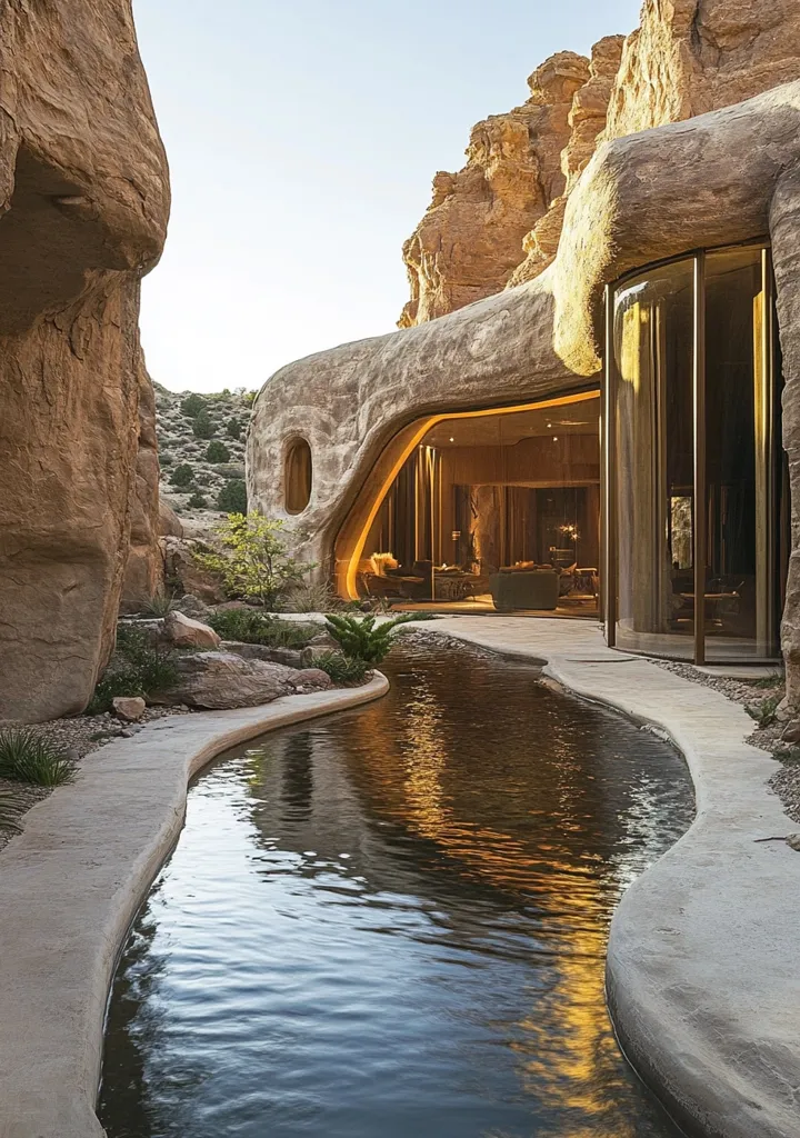A modern, cave-like structure is nestled into a rocky landscape. A winding pool, edged with stone, snakes past the building and reflects the warm light streaming through large glass panels. Lush greenery surrounds the pool, providing a contrast to the stark, natural setting. The architecture seamlessly blends into the surrounding environment, creating a serene and harmonious space.