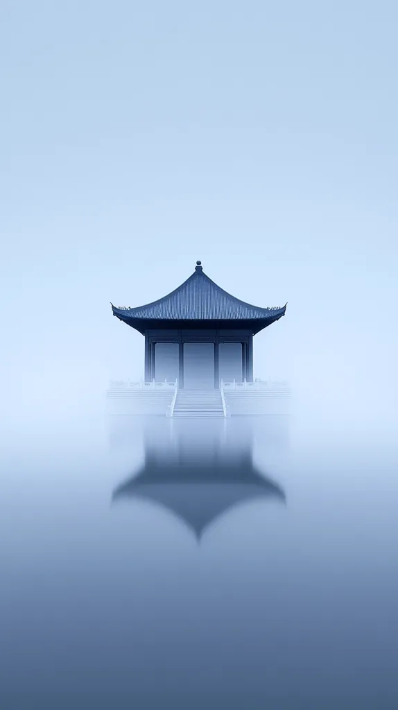 A traditional Chinese pavilion stands alone in a misty landscape. The structure, with its distinctive curved roof and wooden beams, is silhouetted against a soft, blue sky. The fog obscures the surrounding environment, creating a sense of mystery and serenity. The pavilion's reflection in the water below is partially visible, adding to the ethereal atmosphere.