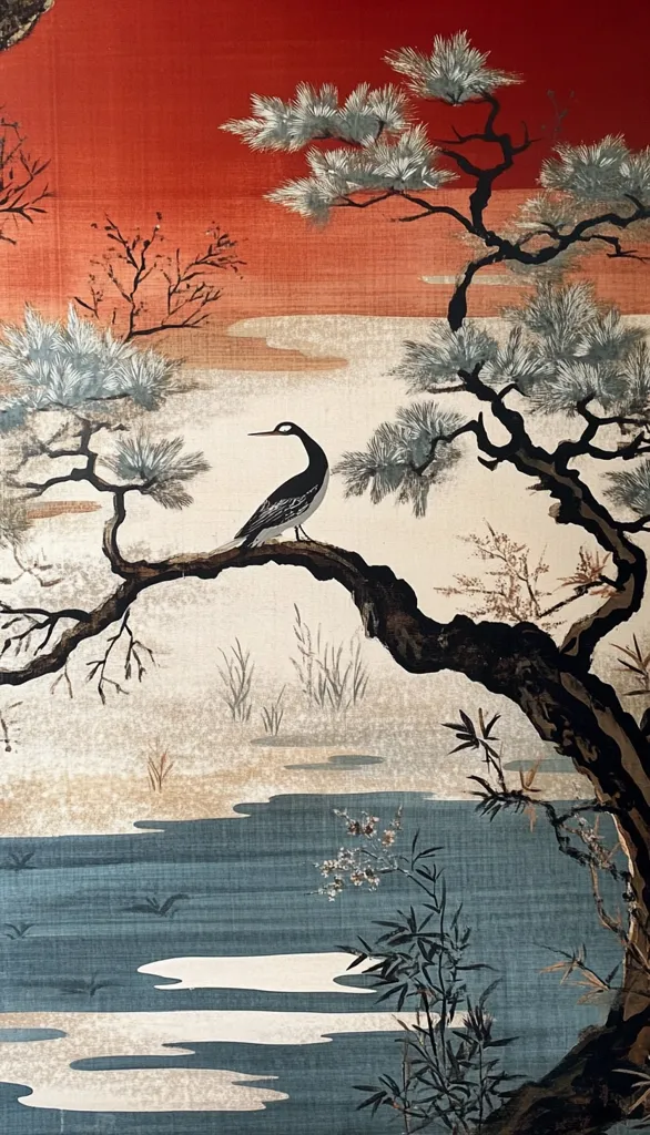 The image is a traditional Japanese painting depicting a serene landscape. A lone bird perches on the branch of a black-trunked pine tree, overlooking a calm body of water. The water reflects the sky, which is a gradient of red and beige. Lush green foliage surrounds the water, creating a peaceful and tranquil atmosphere. The painting exhibits the signature minimalist aesthetic of Japanese art, using simple lines and muted colors to convey a sense of serenity and harmony.