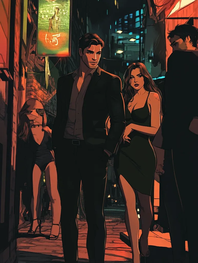 The image depicts a group of people standing in a dimly lit alleyway. The central figure is a man in a black suit, he stands next to a woman in a dark green dress, and another man stands on the right, largely obscured in the shadows. The woman's expression is alluring, while the man in the suit appears mysterious.  The background suggests an urban setting, with blurry lights and buildings visible.  The overall tone of the image is moody and suggestive, creating a sense of intrigue and anticipation.