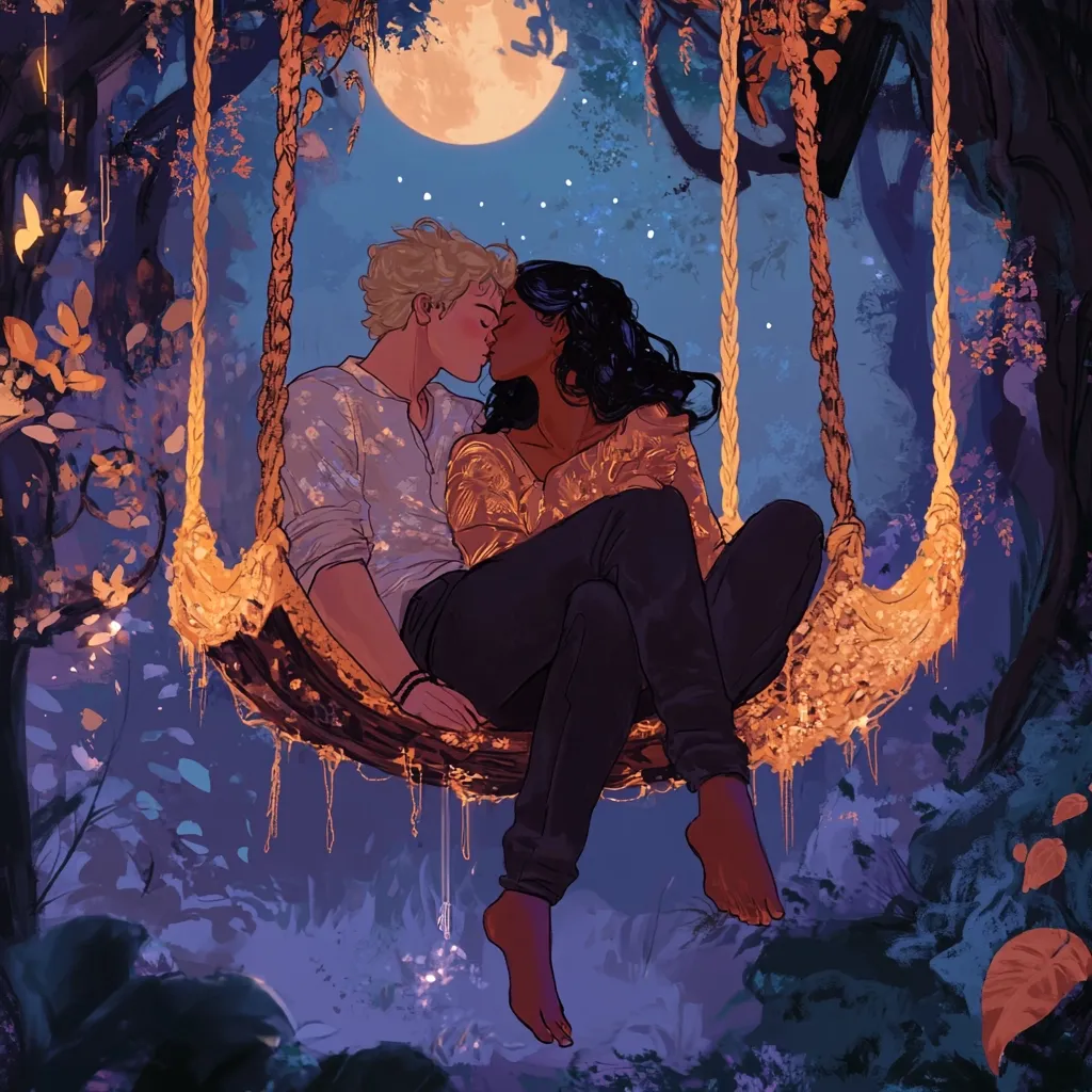 A young couple, a blonde man and a brunette woman, are sharing a tender kiss on a rope swing suspended between two trees. The night sky is a canvas of twinkling stars and a luminous moon, casting an ethereal glow on the scene. The couple's embrace radiates warmth and affection, while the surrounding foliage adds a touch of enchantment. The artwork captures a moment of intimacy and connection under the celestial gaze.