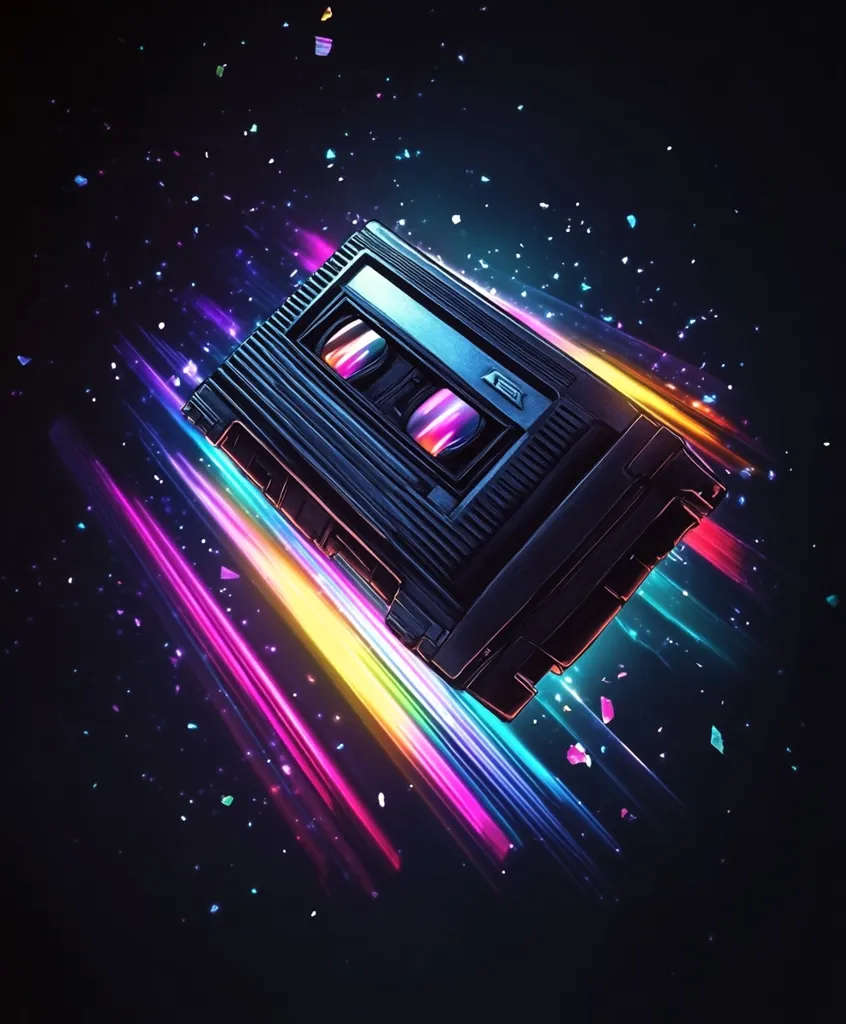 The image features a vintage VHS cassette tape against a black background with multicolored streaks of light shooting out from behind it. The tape is positioned at an angle and appears to be flying through the air, creating a sense of movement and energy. The vibrant colors of the streaks contrast sharply with the dark background, creating a dynamic and eye-catching composition. The image evokes a sense of nostalgia for the era of VHS tapes and the excitement of watching movies on a VCR.