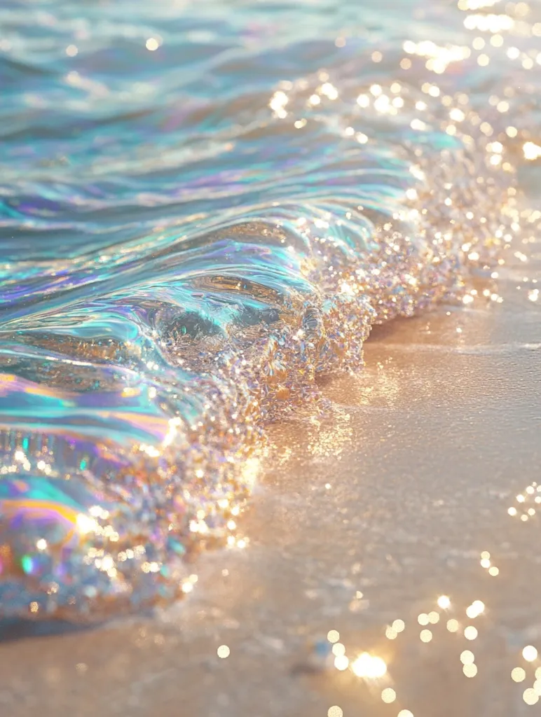 A close-up shot captures the glistening surface of a wave as it crashes onto the sandy beach. The water is shimmering with iridescent hues, creating a mesmerizing display of light and color. Tiny bubbles and droplets create a sparkling effect, adding to the ethereal beauty of the scene. The sun's reflection creates a warm, inviting glow, highlighting the natural beauty of the moment.