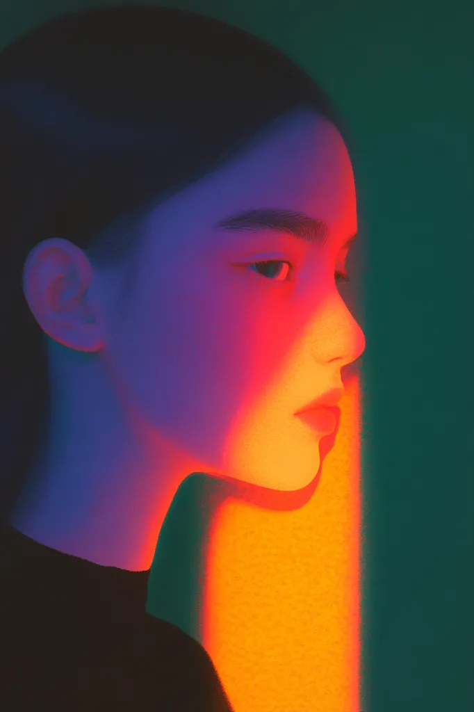 The image shows a close-up of a woman's face, illuminated by a bright orange light. Her expression is serene, her eyes closed. The light casts a warm glow on her skin, creating a dramatic contrast against the dark background. The image has a soft, ethereal quality, suggesting a sense of calmness and peace. The woman's dark hair frames her face, adding to the image's overall elegance.