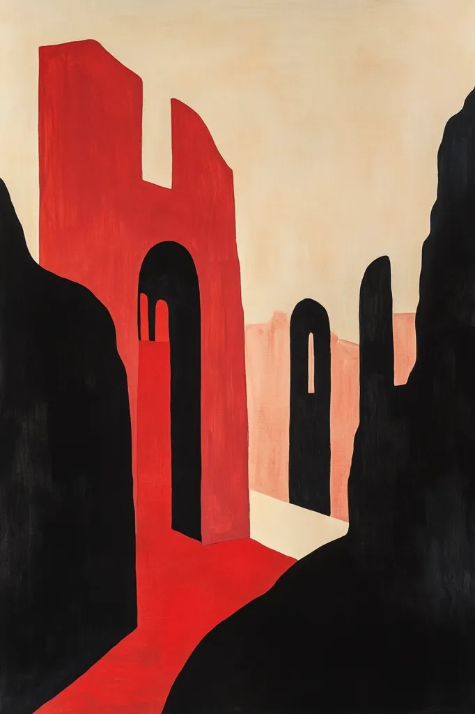 The abstract painting features a geometric composition of red, black and white shapes. It depicts a stylized cityscape, with towering buildings and archways. The use of bold colors and simple forms creates a sense of depth and grandeur, suggesting a mysterious and perhaps even ominous atmosphere. The artwork evokes a sense of urban decay and the passage of time, hinting at a forgotten or abandoned world.