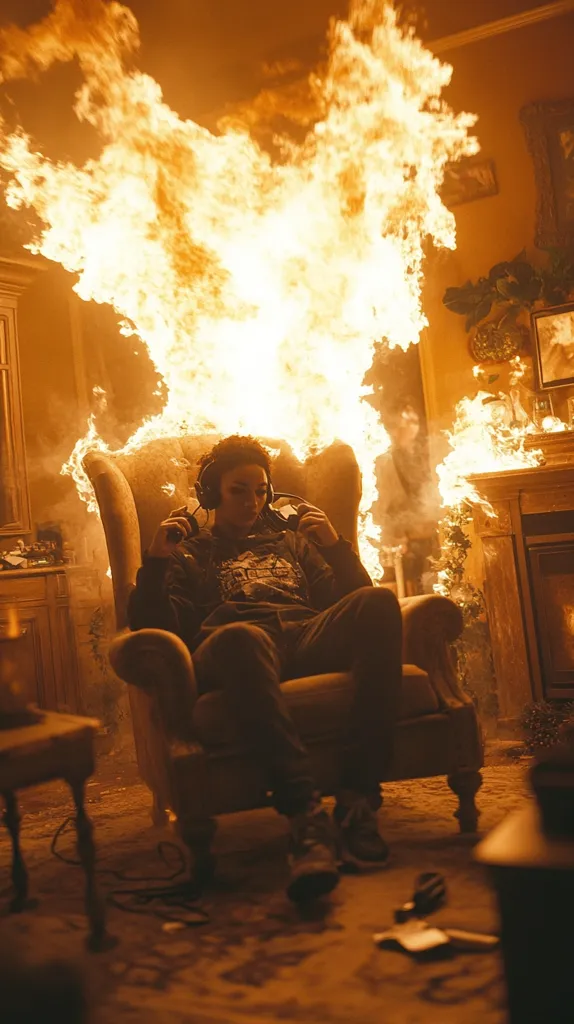 A young person wearing headphones sits in a plush armchair, calmly looking forward in the midst of a fiery blaze engulfing a room. The flames rise high, casting an orange glow over the scene. They are surrounded by debris and furniture, suggesting a recent and chaotic event. The scene evokes a sense of both danger and resilience.