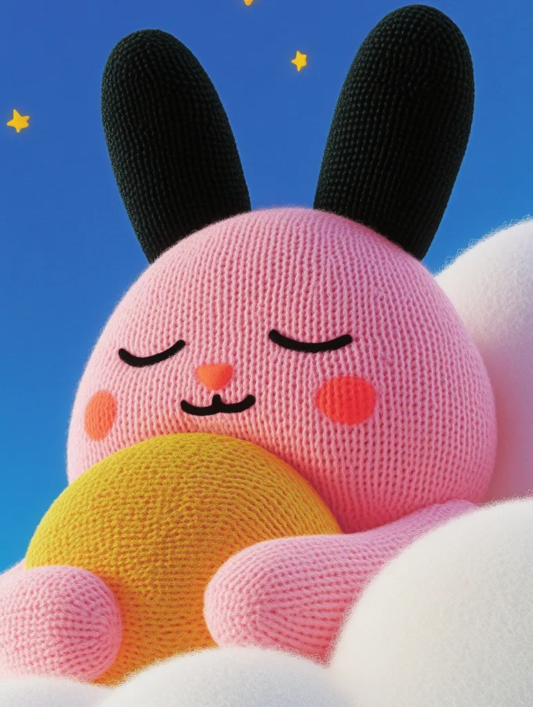 A pink knitted bunny with black ears is sleeping peacefully on a white cloud. It has a yellow circle in its arms. The background is a blue sky with yellow stars. The bunny has its eyes closed and a small smile on its face. The image is cute and whimsical.