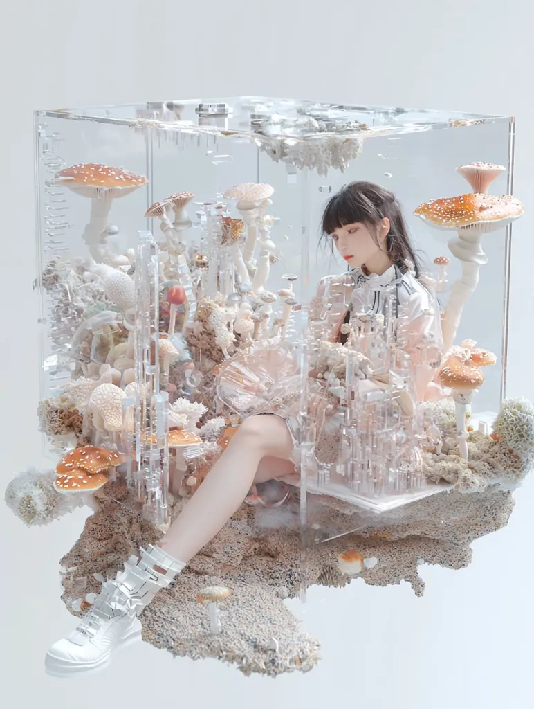 A young woman sits in a clear cube filled with mushrooms, the majority of which are white. She is dressed in white with her hair pulled back in a neat bun. Her expression is serene and her legs are crossed, one foot resting on the floor. The scene is a whimsical and dreamlike depiction of a fantastical world.