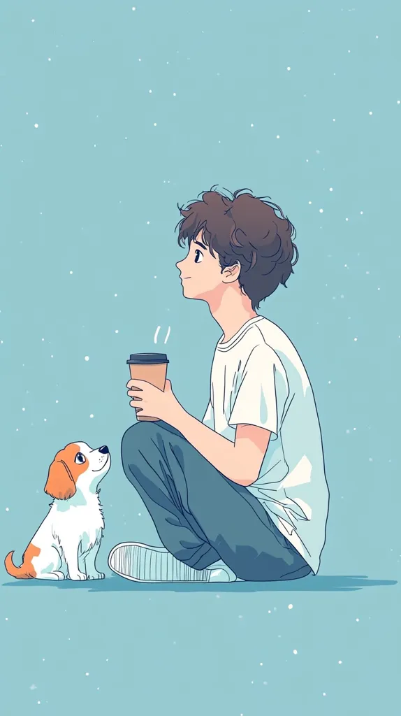 The image depicts a young man with brown hair sitting with his legs crossed, holding a cup of coffee. He is looking up and smiling, seemingly lost in thought. A small, white and brown dog is sitting beside him, looking at the man with its head tilted. The background is a light blue with small white dots scattered throughout. The overall tone of the image is serene and peaceful.