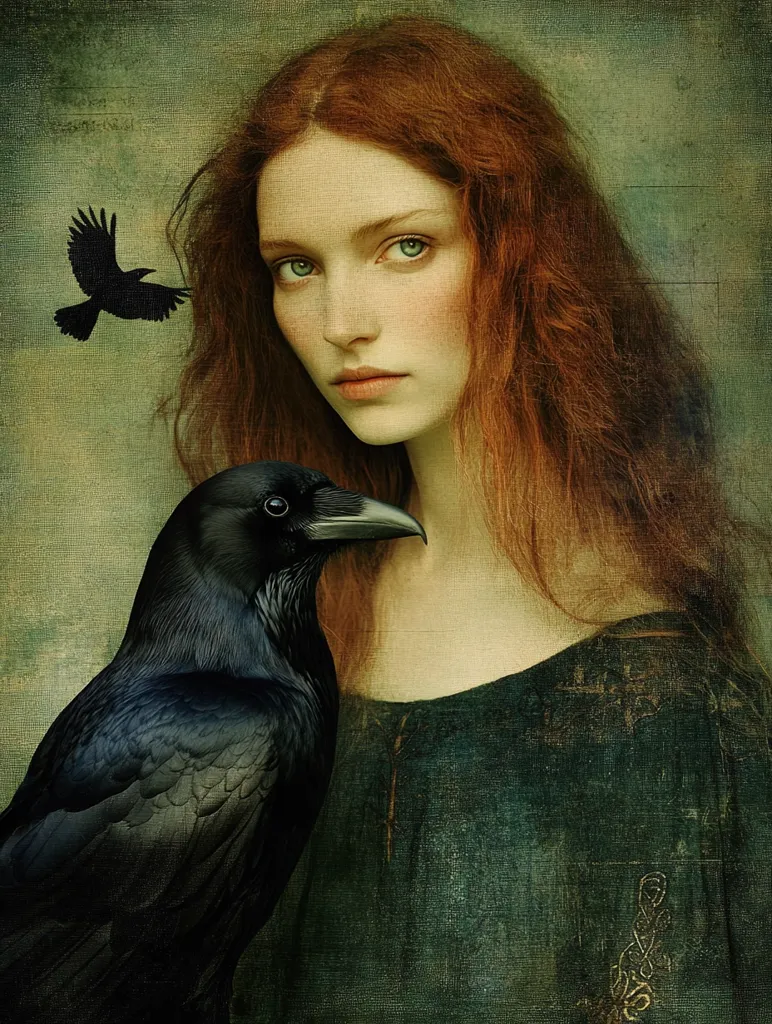 The portrait depicts a young woman with long, flowing red hair, her gaze directed towards the viewer. She is wearing a simple dark blue dress, and a large raven rests on her shoulder. A smaller raven is depicted flying in the upper left corner of the image. The background is a textured, dark green, creating a dramatic and mysterious atmosphere. The painting conveys a sense of intrigue and perhaps a hint of melancholy.
