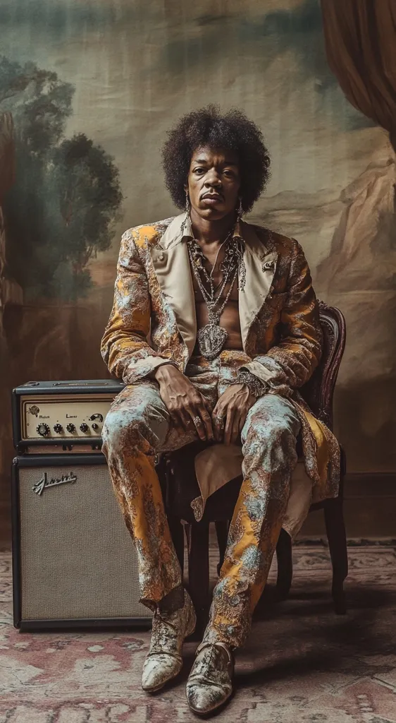 A man with long, curly hair sits in a chair, wearing a patterned suit and boots. He has a serious expression and is adorned with necklaces. The chair is wooden with a carved back.  In front of him is a vintage amplifier and a rug with a pattern. The background features a painting of a landscape and a glimpse of a curtain.  The overall mood is somber and introspective.