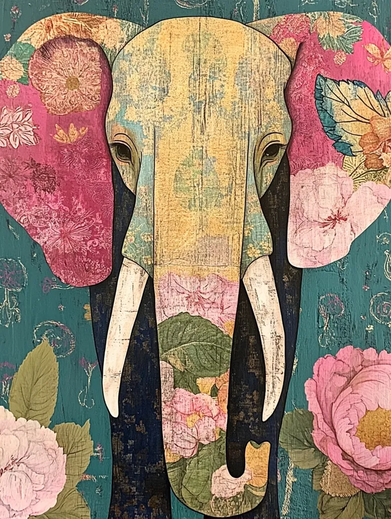 The image is a stylized painting of an elephant's head. The elephant is rendered in a textured style, with its skin resembling woodgrain. The elephant's ears are adorned with floral patterns in shades of pink and blue, creating a vibrant contrast against the muted colors of the elephant's body. The background is a deep teal blue with subtle floral patterns and hints of gold, adding depth and complexity to the composition. The overall effect is whimsical and ornate, highlighting the artist's bold use of color and texture.