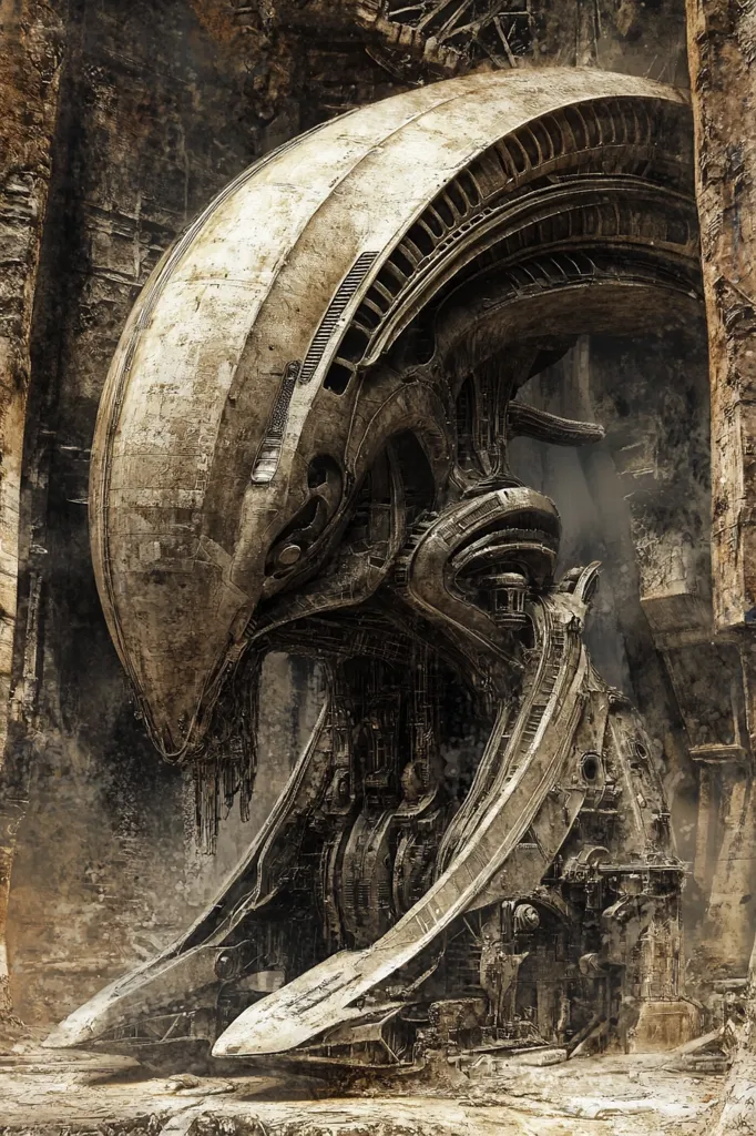 A colossal, metallic structure, reminiscent of a ship, is partially submerged in a dusty, desolate landscape. Its intricate design, composed of overlapping curves and intricate machinery, suggests both advanced technology and a sense of ancient ruin. The structure casts a long, ominous shadow, hinting at a forgotten past or a looming threat. The image evokes a sense of wonder, mystery, and perhaps even danger.