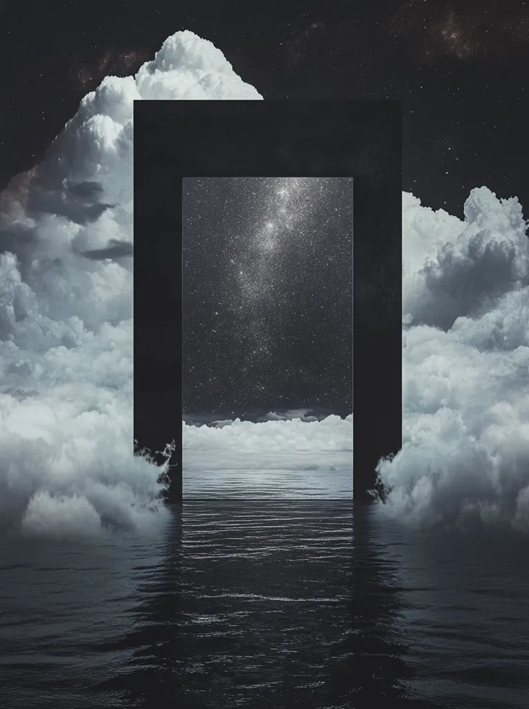 A large, black, rectangular frame stands in a sea of clouds. The frame frames a view of a starry night sky, with a galaxy of stars stretching across the horizon.  The sea of clouds is reflected in the calm, still waters below. The scene evokes a sense of mystery and wonder, inviting the viewer to contemplate what lies beyond the frame.
