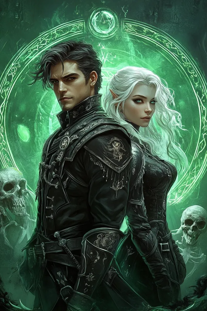 The image depicts a man and a woman in dark attire, standing back-to-back against a backdrop of a glowing green circle. The man has dark hair and wears a detailed black coat, while the woman has long white hair and is adorned in a similar black outfit. They appear to be in a mysterious and possibly dangerous setting, with skeletal figures lurking in the background. The green circle suggests a magical or mystical element. The overall atmosphere is dark, intriguing, and potentially ominous.