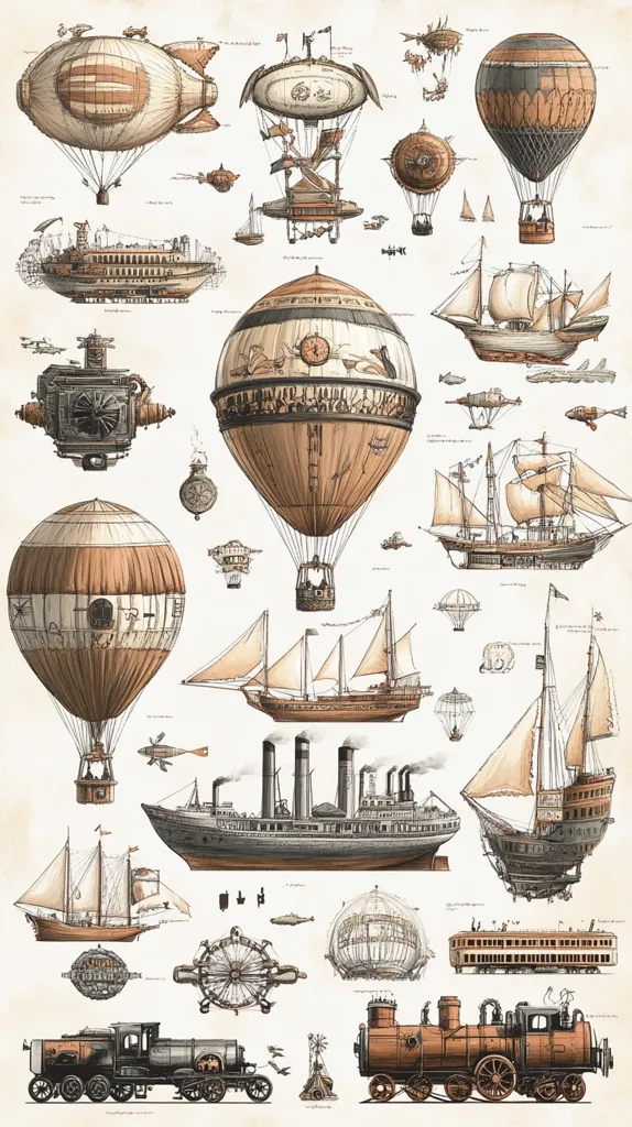 This image is a whimsical collection of steampunk-inspired airships, trains, and boats.  The design is intricate and detailed, showcasing a mix of vintage and futuristic elements.  From massive hot air balloons to small flying contraptions, each object is rendered with precision and imagination. The overall aesthetic is both whimsical and industrial, hinting at a world where technology and fantasy collide.