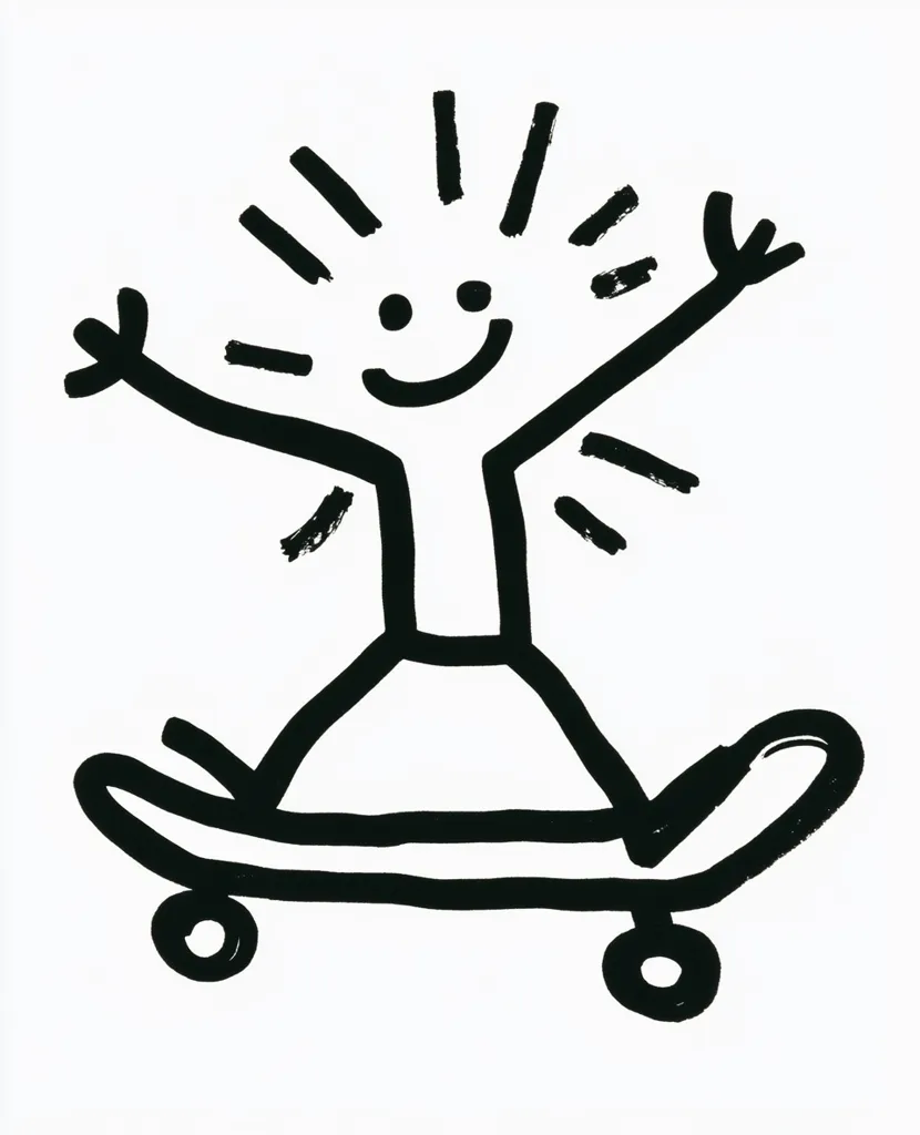 The image is a simple black and white drawing of a stick figure person riding a skateboard. The person has a large smile and is depicted with outstretched arms, as if they are enjoying the ride. The drawing is done in a childlike style, with bold lines and simple shapes. It is a playful and joyful image that evokes a sense of carefree fun.