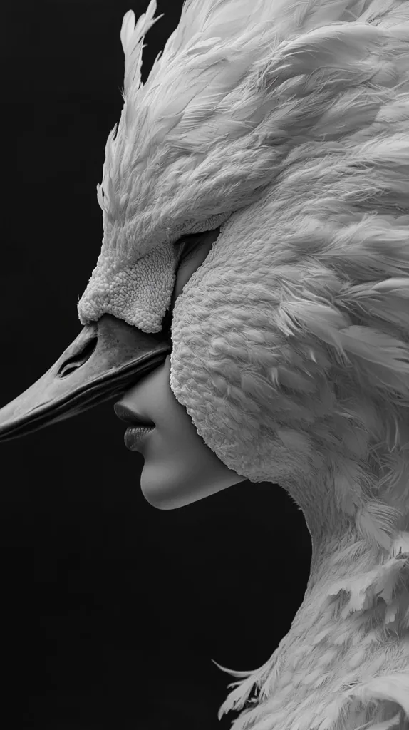 A black and white photo of a woman wearing a swan mask. The mask covers her entire face and head, leaving only her lips visible. The feathers of the mask are soft and fluffy, giving the illusion of a real swan. The photo is taken from a side angle, highlighting the mask's intricate details. The woman's expression is serene, creating a sense of mystery and intrigue. The image evokes a sense of transformation and the power of disguise.