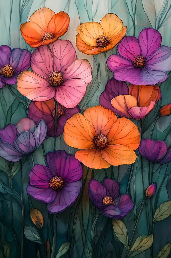 The image is a vibrant watercolor painting of a cluster of flowers.  The flowers are a mix of pink, purple, and orange, and they are all in various stages of bloom. The flowers are set against a dark green background, and the overall effect is very delicate and beautiful. The artist has captured the delicate beauty of nature in this painting. The flowers appear to be floating on the green background, as though they are weightless.  The painting evokes a sense of tranquility and peace.  The intricate detail of the flowers and leaves is remarkable.