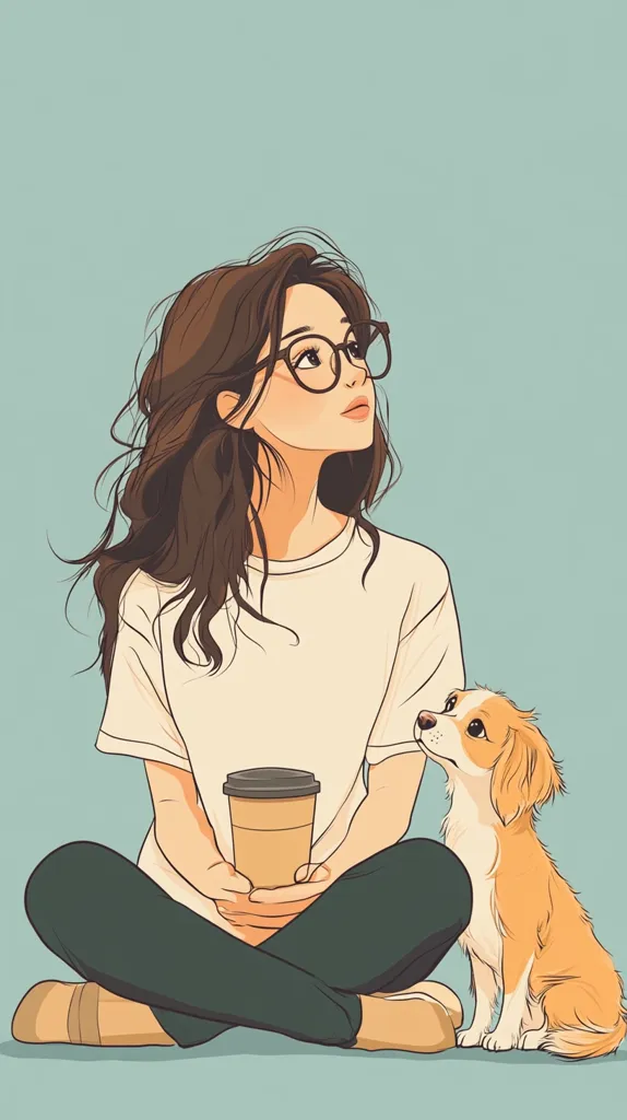 A young woman with long brown hair and glasses sits cross-legged, holding a cup of coffee. She is wearing a white t-shirt and dark pants. A small brown and white dog sits beside her, looking up at the woman. The background is a soft blue. The image conveys a sense of calm and companionship.