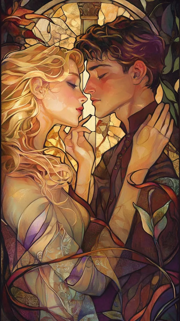 The image is a painting of a romantic couple, a man with dark hair and a woman with long blonde hair, embraced in a close kiss. They are depicted in a stained glass style, with intricate patterns and colors. The background is a swirling mix of leaves, flowers, and foliage, suggesting a garden setting. The couple's passionate embrace creates a sense of intimacy and love within the artwork.