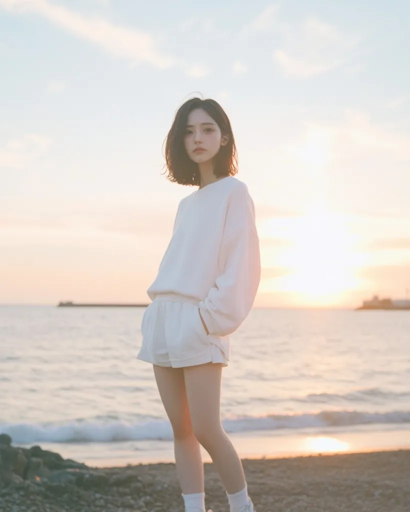 A young woman with short dark hair is standing on a beach, looking off to the side. She is wearing a white sweatshirt and white shorts. The sun is setting in the background, casting a warm glow over the scene. The beach is sandy and there are waves in the distance. The overall tone of the image is peaceful and serene.