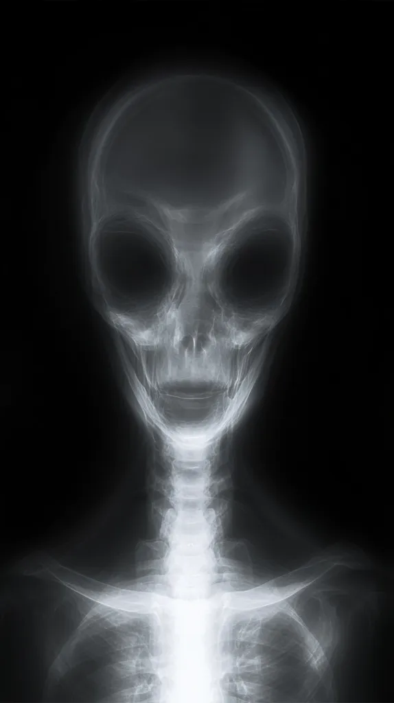 The image shows a skeletal structure of an alien in a black and white x-ray style. The alien's skull is large and rounded, with large, dark eyes. The rest of the alien's body is visible in skeletal detail, with a long, thin neck and a rib cage. The image is stylized and surreal, evoking ideas of extraterrestrial life and the unknown.
