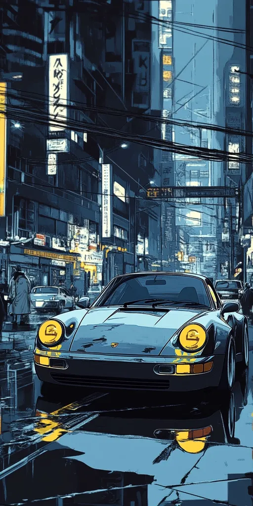 A blue Porsche 911 sits in the middle of a wet city street. The car is parked in front of a row of buildings with Japanese characters on the signs. The street is lined with power lines and streetlights, adding to the urban feel of the scene.  The reflection of the car is visible in the puddle on the ground.