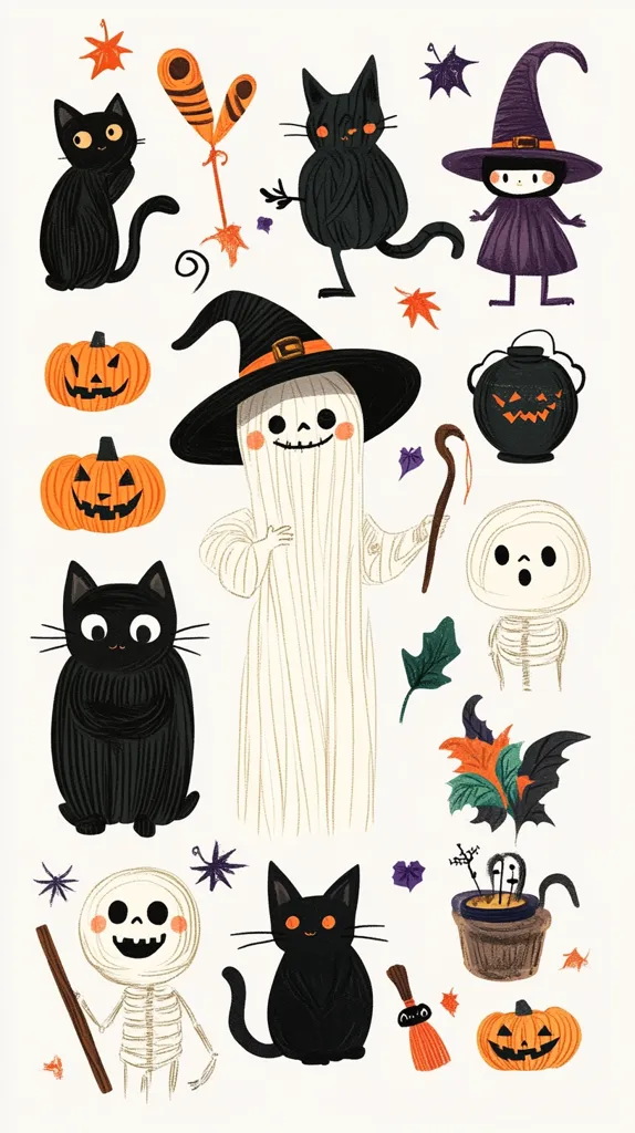 The image is a whimsical collection of Halloween characters and objects. There are black cats, a ghost in a witch's hat, a skeleton, pumpkins, and a witch in a purple dress. The image is illustrated in a cute and playful style, with lots of detail and bright colors. It would make a great Halloween card or decoration.