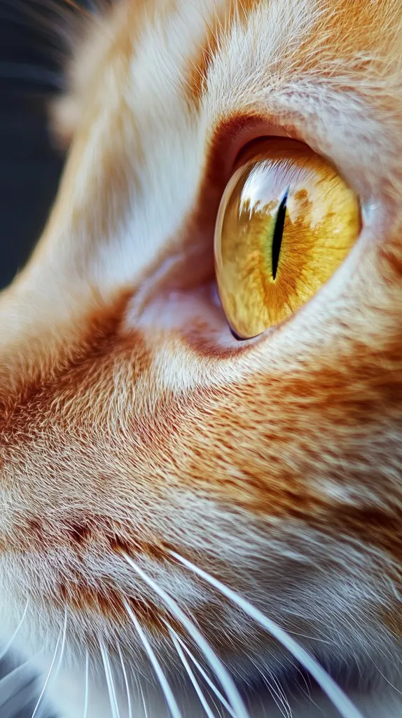 A close-up of a cat's eye, revealing intricate details. The orange and white fur surrounds a bright, golden eye with a dark pupil, capturing the animal's gaze. The image emphasizes the delicate texture of the cat's fur and the sharpness of its whiskers.  The photo showcases the beauty and detail of a feline's features.